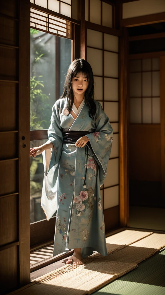 A young woman, in her 20s, with a pale, ghostly complexion, stands alone in a deserted, traditional Japanese house. She wears a tattered kimono, once beautiful but now stained and torn, with long, wild black hair falling over her face, partially obscuring her features. Her posture is contorted and unnatural; she is bent forward at an uncomfortable angle, with her head tilted to the side, eyes widened in a perpetual scream, mouth open in a silent, eternal terror. Her arms are outstretched, fingers curved and claw-like, as if reaching for something, or someone, beyond the frame. The background is a dimly lit room, with old, worn tatami mats and sliding paper doors, adorned with intricate, but faded, paintings of birds and flowers. The atmosphere is heavy and oppressive, with a sense of lingering malevolence. A faint, eerie light shines through a torn shoji door, casting an otherworldly glow on the woman, enhancing the surreal and frightening nature of the scene.