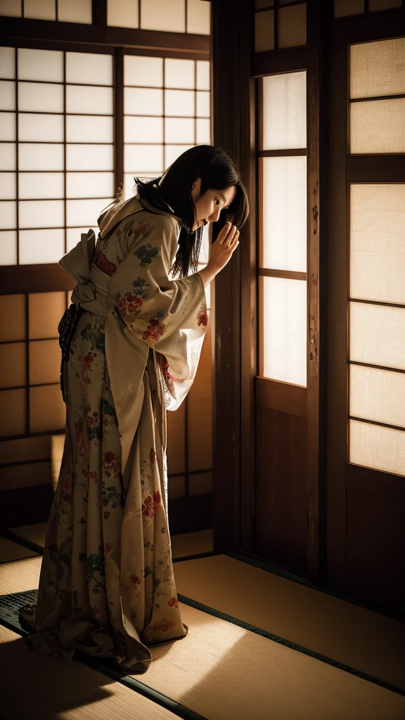 A young woman, in her 20s, with a pale, ghostly complexion, stands alone in a deserted, traditional Japanese house. She wears a tattered kimono, once beautiful but now stained and torn, with long, wild black hair falling over her face, partially obscuring her features. Her posture is contorted and unnatural; she is bent forward at an uncomfortable angle, with her head tilted to the side, eyes widened in a perpetual scream, mouth open in a silent, eternal terror. Her arms are outstretched, fingers curved and claw-like, as if reaching for something, or someone, beyond the frame. The background is a dimly lit room, with old, worn tatami mats and sliding paper doors, adorned with intricate, but faded, paintings of birds and flowers. The atmosphere is heavy and oppressive, with a sense of lingering malevolence. A faint, eerie light shines through a torn shoji door, casting an otherworldly glow on the woman, enhancing the surreal and frightening nature of the scene.