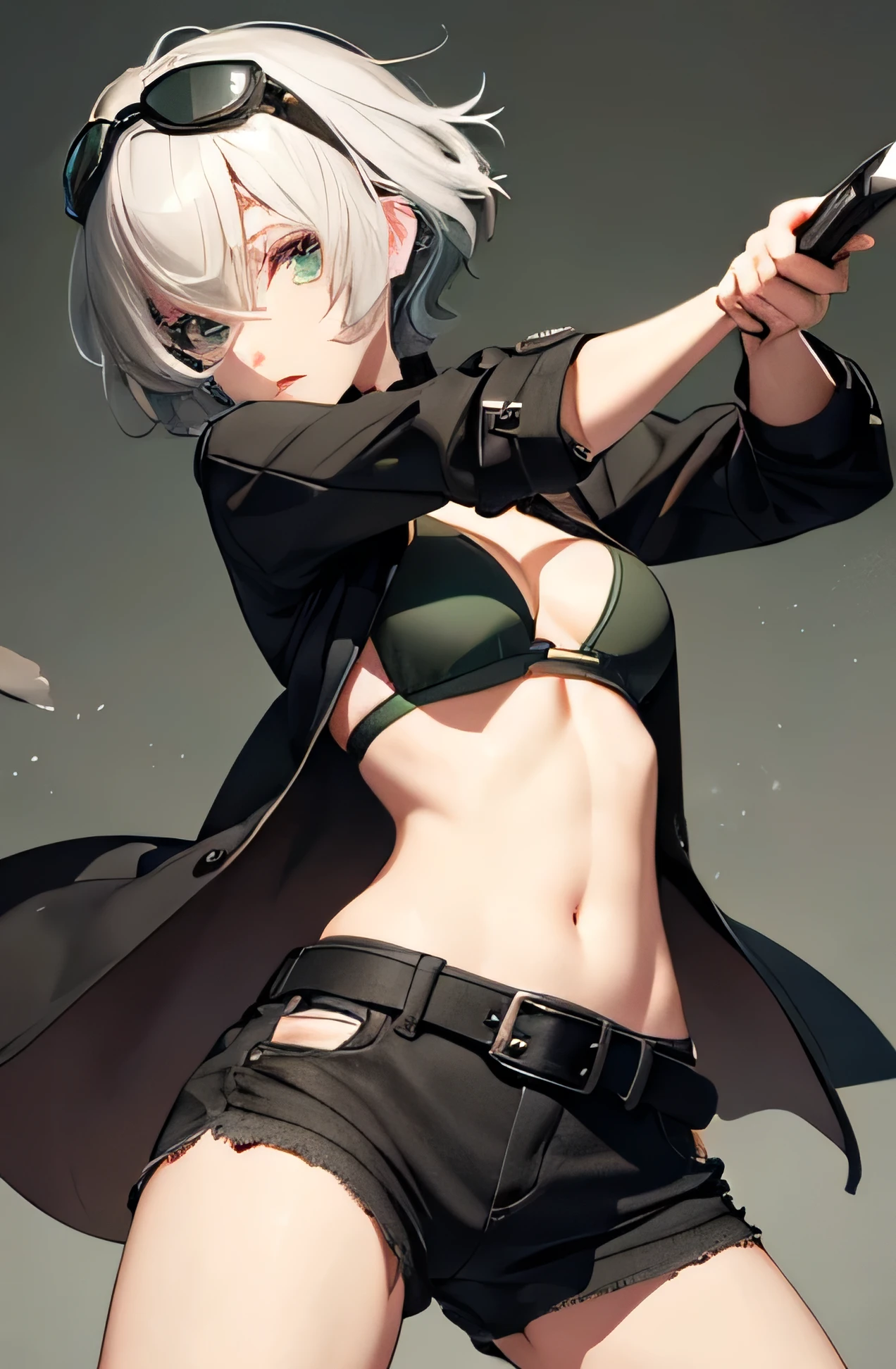 Short Hair、Confused eyes、Green Eyes、Dynamic Pose、Gray Hair、Girl、、White Hair、Habitual hair、Messy hair、Grey short hot pants、Brown belt、Revealing clothing、Navel dashi style、black long coat、Brown boots、Depict the whole body、Accurate depiction、8K quality、Green knit top、He wears black-rimmed green film goggles on his head.、Accurate depiction、Holding a knife in each hand