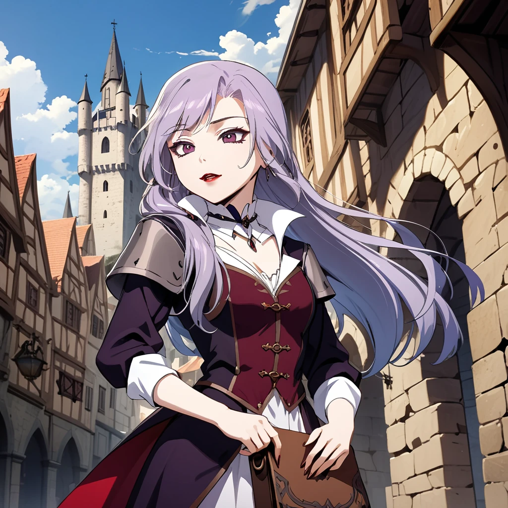 1girl, solo, Sonata, purple hair, vampire, medieval city background