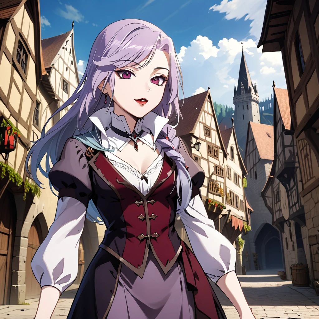 1girl, solo, Sonata, purple hair, vampire, medieval city background