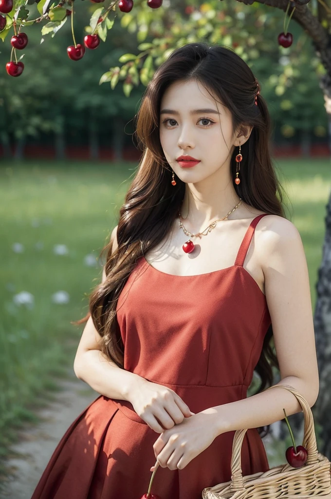 (((best quality))),(((ultra detailed))),(((masterpiece))),illustration,1 beautiful girl,solo,earrings,necklace,medium straight hair,slim,flat chest,red dress,summer,(cherry orchard full of red cherries:1.3),sunlight,dappled light,fair skin,smile,(ripest cherries on the trees:1.3),red lips,peaceful,summer breeze,hair fluttering,setting sun,radiant hue,beauty grace,basket,upper body