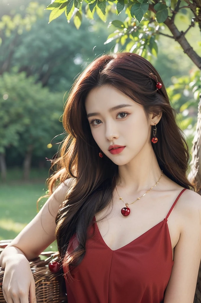 (((best quality))),(((ultra detailed))),(((masterpiece))),illustration,1 beautiful girl,solo,earrings,necklace,medium straight hair,slim,flat chest,red dress,summer,(cherry orchard full of red cherries:1.3),sunlight,dappled light,fair skin,smile,(ripest cherries on the trees:1.3),red lips,peaceful,summer breeze,hair fluttering,setting sun,radiant hue,beauty grace,basket,upper body