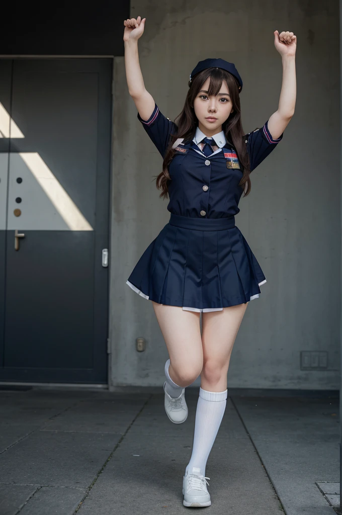 anime girl in uniform jumping with her hands up, anime moe artstyle, jk uniform, marin kitagawa fanart, !!full body portrait!!, fubuki, girl wearing uniform, kantai collection style, mihoyo art style, full body portrait of a short!, gapmoe yandere, anime maid ss military, officer, yandere. tall, various pose