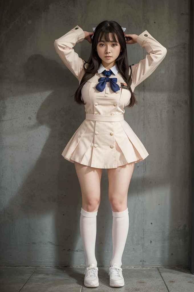 anime girl in uniform jumping with her hands up, anime moe artstyle, jk uniform, marin kitagawa fanart, !!full body portrait!!, fubuki, girl wearing uniform, kantai collection style, mihoyo art style, full body portrait of a short!, gapmoe yandere, anime maid ss military, officer, yandere. tall, various pose