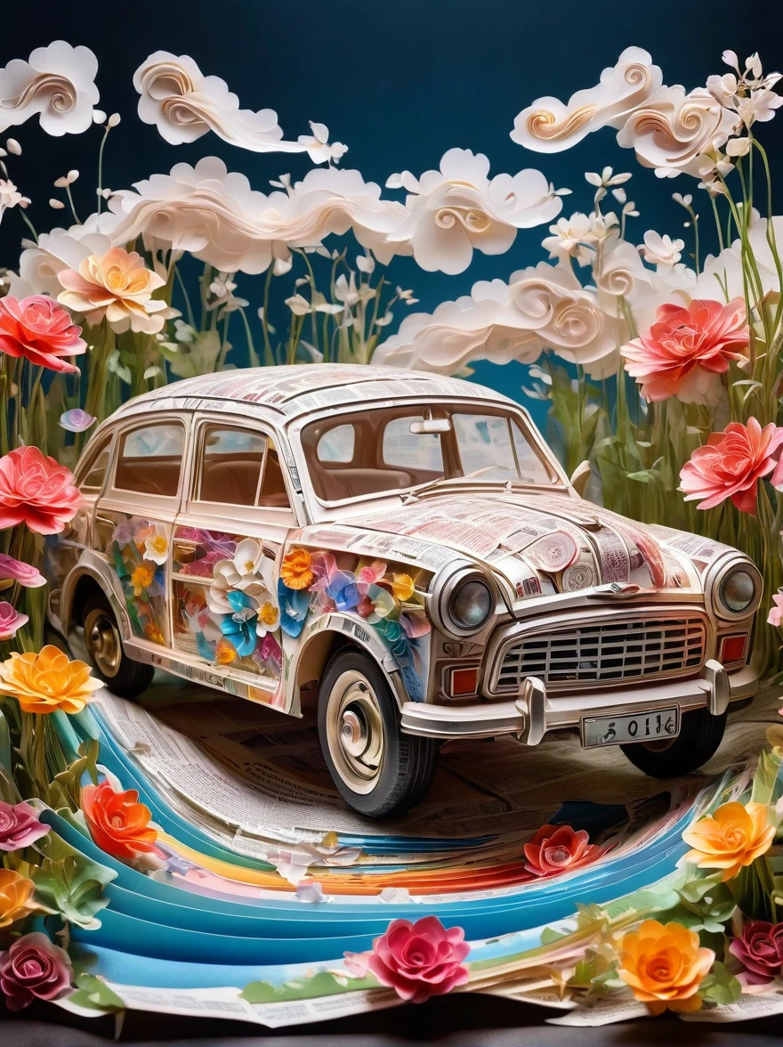 paper cut car, newspaper, galaxy, transparent, Wind blows flowers, flash, spark, outstanding, rich and colorful, amazing photography, dramatic lighting, Light background, Realistic photos, super detailed, 8k, high resolution, Super fine and sharp, high quality, artistic, Unique, Surrounded by water plants made of mother-of-pearl，Exquisite details