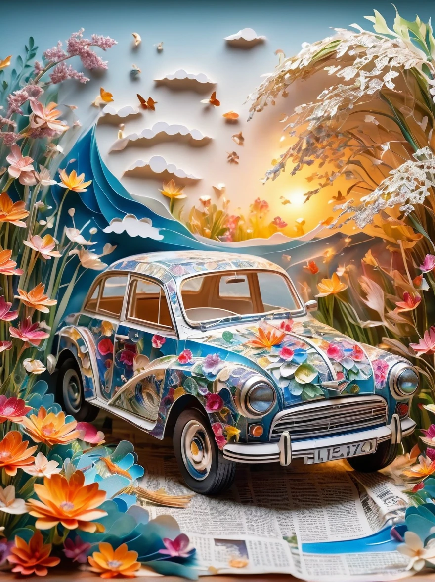 paper cut car, newspaper, galaxy, transparent, Wind blows flowers, flash, spark, outstanding, rich and colorful, amazing photography, dramatic lighting, Light background, Realistic photos, super detailed, 8k, high resolution, Super fine and sharp, high quality, artistic, Unique, Surrounded by water plants made of mother-of-pearl，Exquisite details