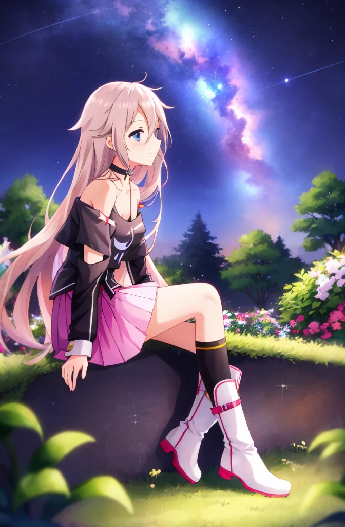 one girl, IA, vocaloid, skirt, black shirt, off shoulder, choker, beauty, girl from other planet, happy, mysterious girl, face focus, boots, sitting on garden, full body, hold knee, from side, look at sky, night sky