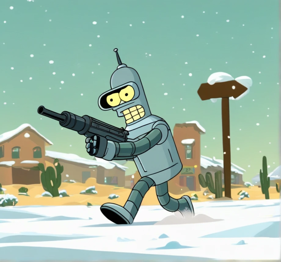 Bender holding Uzi Gun and Shotgun running Cross Street in Desert at Snow 