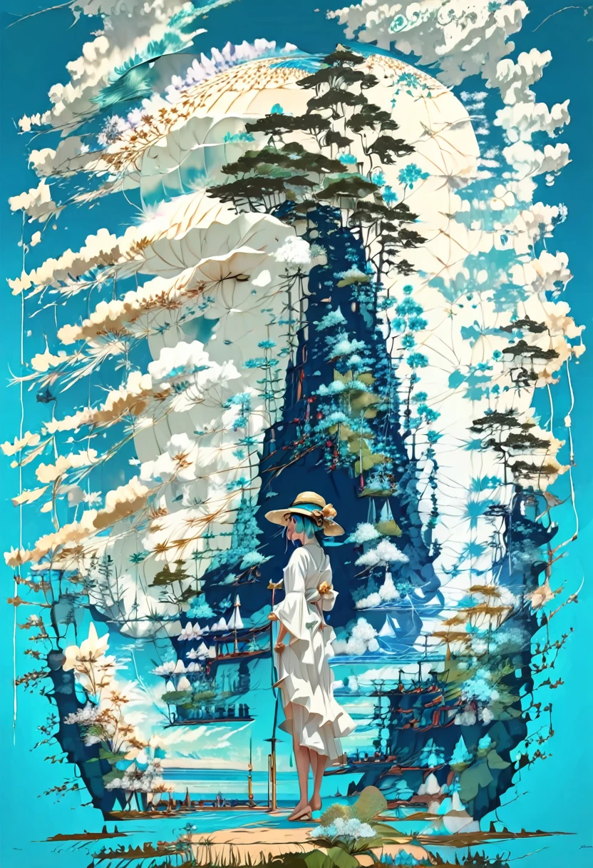 Illustration of a girl wearing a straw hat,Standing stunned,(The girl is drawn very large:1.4),White dress,Turquoise Hair,Twin tails,Landscape,Pitiful,Style of Japan painting,Emerald blue sea background,Cumulonimbus cloud debris,Highest quality,Ultra-high resolution,Golden Ratio,Maximum Coefficient,Cappadocia