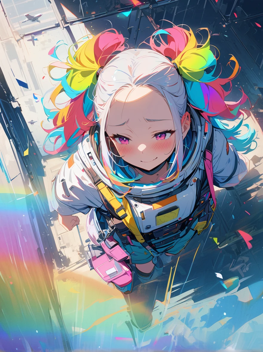 Hair shaking, victory, Long eyelashes, Solid round eye, A faint smile, ear blush, direction, (((Rainbow hair))), cosmetic, blush, sad, sad smile, shadow, Relief, Atmospheric perspective, 8K, Super Detail, precise, best quality, (Cyberpunk), Bright Lights, masterpiece,1 Girl, ((((Short twin tails)))), Colorful hair, flight, Pink bow,((16-year-old female model)), (Angel Halo) , Eye level shot, (((astronaut))), (((Cowboy shooting))), ((((( Splash of Color ))))), (((Technology for Dummies)))