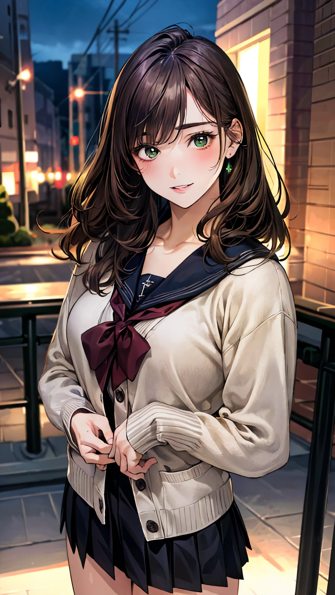 (masterpiece:1.3, top-quality, ultra high res, ultra detailed), (realistic, photorealistic:1.4), beautiful illustration, perfect lighting, natural lighting, colorful, depth of fields, ,
beautiful detailed hair, beautiful detailed face, beautiful detailed eyes, beautiful clavicle, beautiful body, beautiful chest, beautiful thigh, beautiful legs, beautiful fingers, shiny skin, 
looking at viewer, 1 girl, high school girl, (perfect anatomy, anatomically correct, super detailed skin), cute and symmetrical face, babyface, perfect face, perfect eyes, , 
(long hair:1.5, half updo:1.2, sideburns:1.5, apricot hair), swept bangs, emerald green eyes, big eyes, long eye lasher, (medium breasts, seductive thighs), skin dendation, 
detailed cloth texture, break, break, ((light purple cardigan)), break, break, ((dark brown sailor collar, dark brown pleated skirt)), break, break, dark red bow tie, break, black big hair ribbon, 
(beautiful scenery), summer, night, (cityscape:1.2), walking, (lovely smile, upper eyes, parted lips), 