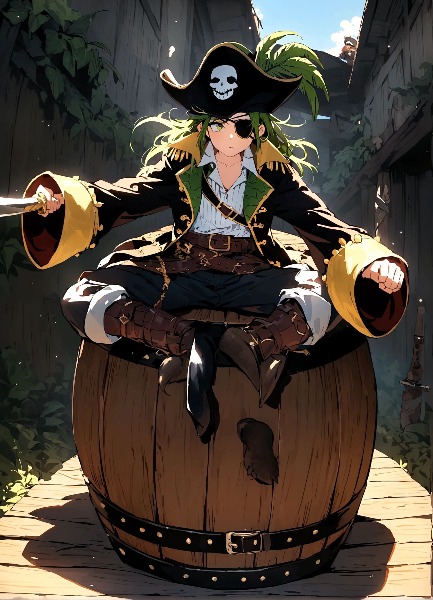 An alligator pirate (pirate hat and jacket, belt with sword, eyepatch)  poses  on pier, he has one foot on a barrel of rum