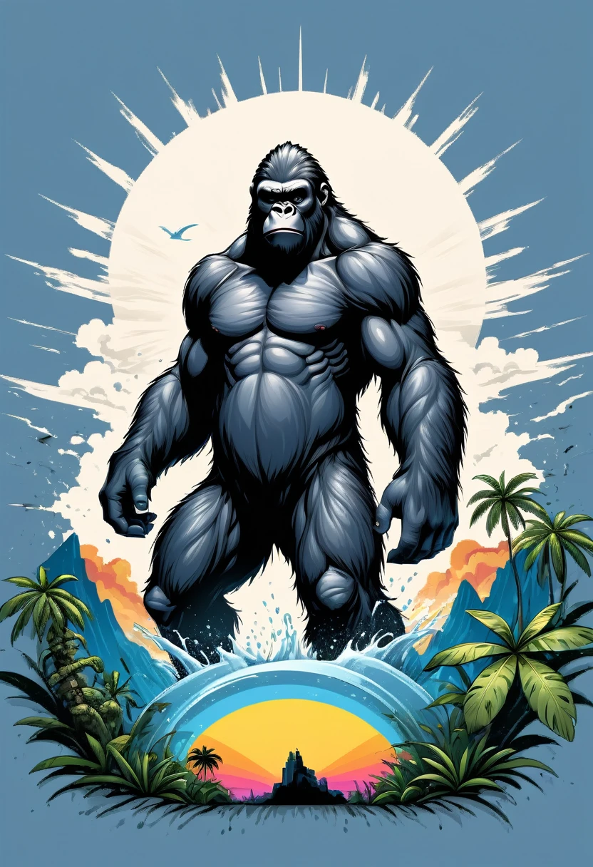 (((white background))), (((SPLASH ART))) intricately detailed t-shirt design ready for print , 2d, ONE HUGE black angry full body KING KONG in foreground Jungle mountains peeks sunset at the background, vibe detailed design for streetwear and urban style t-shirts design, pro vector, (cel-shading style:1.3), inkpunk, (ink lines:1.1), strong outlines, bold traces, high contrast, (cel-shaded:1.1), vector, 32k resolution, best quality,, flat lights,vector t-shirt art ready for print, intricate rich extremely complex ornaments illustration, extremely detailed and complex illustration, high detail, clean lines style, intricate high details, (((white plain background)))