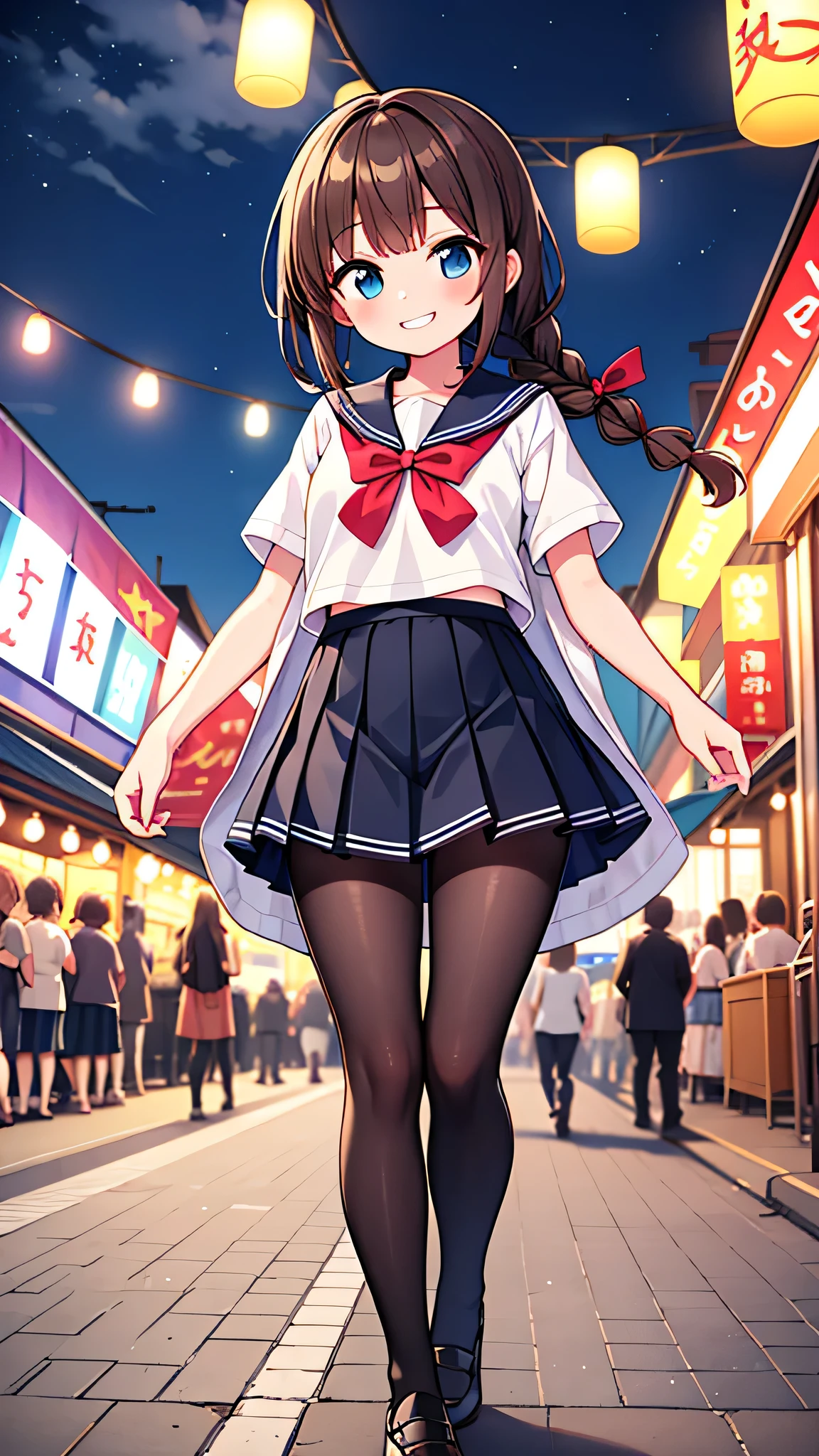 {Highest quality], [Super beautiful], [Ultra fine], [Best illustration], NSFW,Brown Hair,Hime cut,Braid,Clear,With bangs, girl,Sailor suit,knit cardigan,Short sleeve,skirt,Slender women,walk,(Public),Night Park,Summer festival,diagonal,black tights,Black loafa,Grin,Half an eye