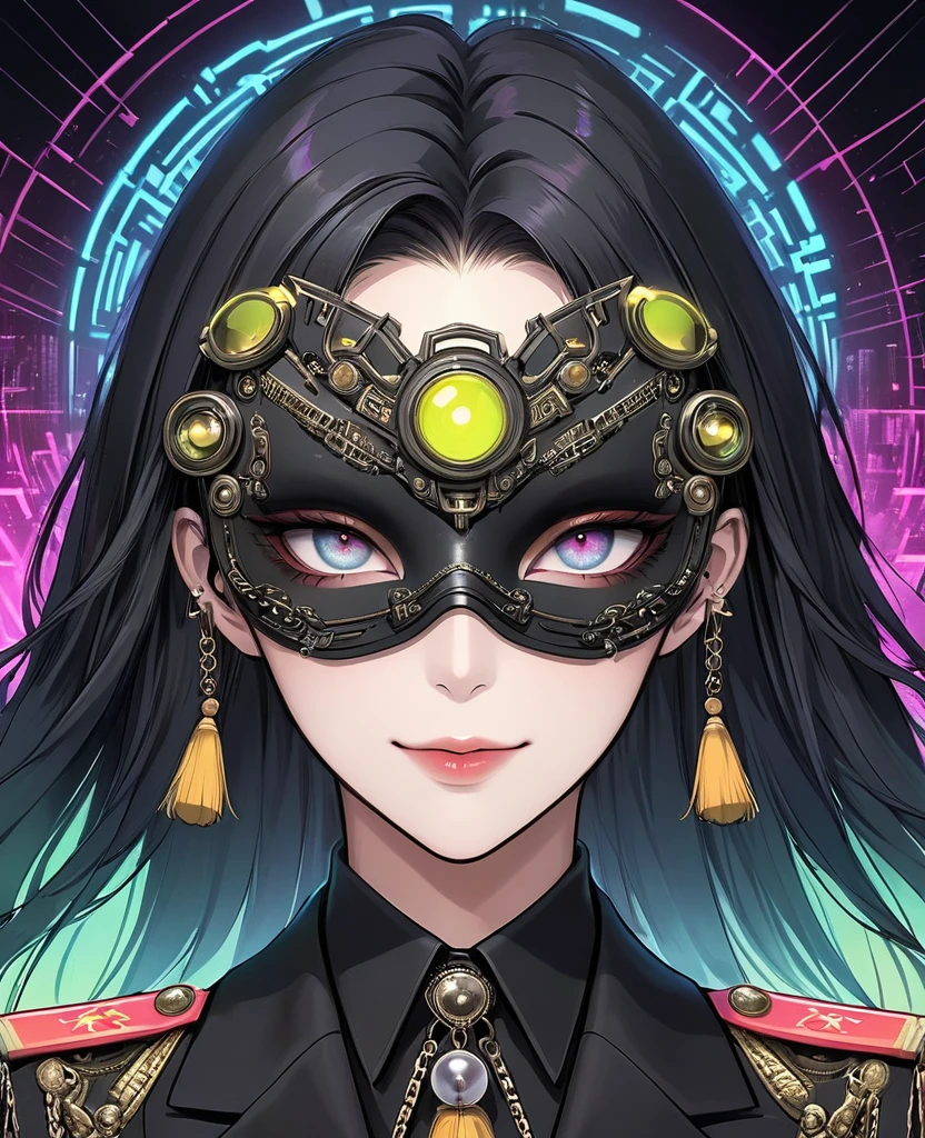(Digital Illustration,Detailed anime style,Heavy Metal Cyberpunk,Pearl tassel eye mask,Girl wearing eye mask,out a hand,Solitary,symmetry),(Big colorful eyes,Fashionable and exquisite facial features,Exquisite makeup,Smooth skin,Smile,Soulful gaze,),(Straight Hair,Hairpin),(Black suit,Epaulettes-Chain,cool,),(((Correct human anatomy))),Radioactive geometric dynamic light wave background