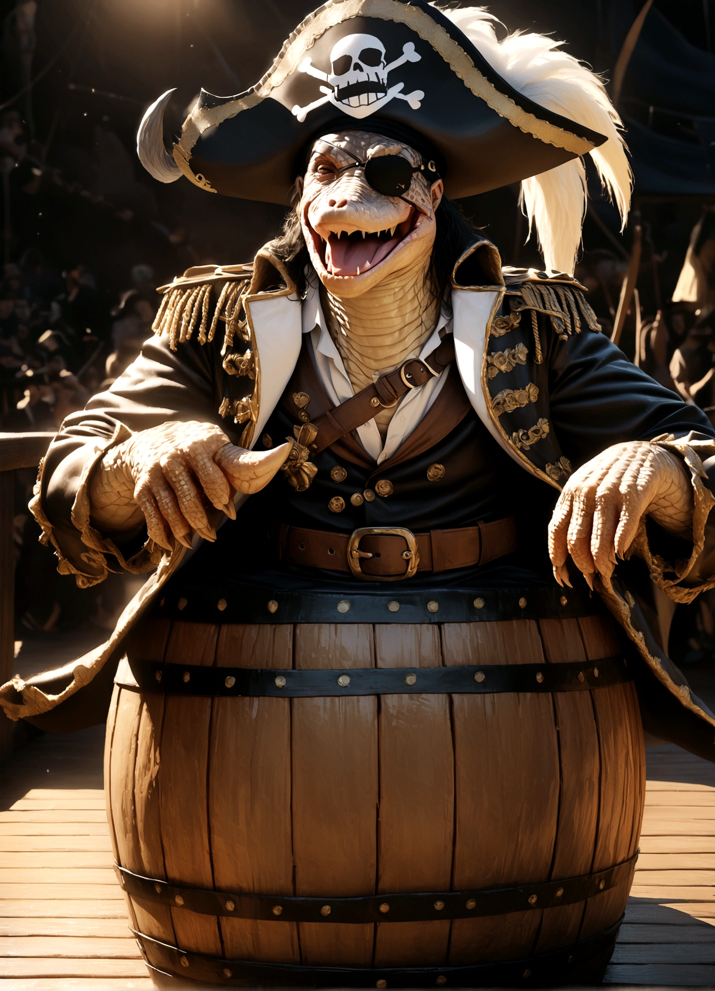 alligator pirate, pirate hat, pirate jacket, belt with sword, eyepatch, one foot on barrel of rum, poses on pier, detailed reptilian features, detailed pirate costume, dramatic lighting, cinematic composition, highly detailed, photorealistic, award winning, 8k, hyper realistic