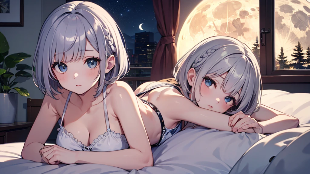 Ultra-high resolution,masterpiece, Attention to detail, Highest quality, 4K,(Silver braided short bob),(heavy chest,Captivating body、Ultra-detailed skin、Beautiful eyes、Detailed Background),1 girl、(lie face down, sleeping,Lying down)、bed、night、I can see the moon from the window、