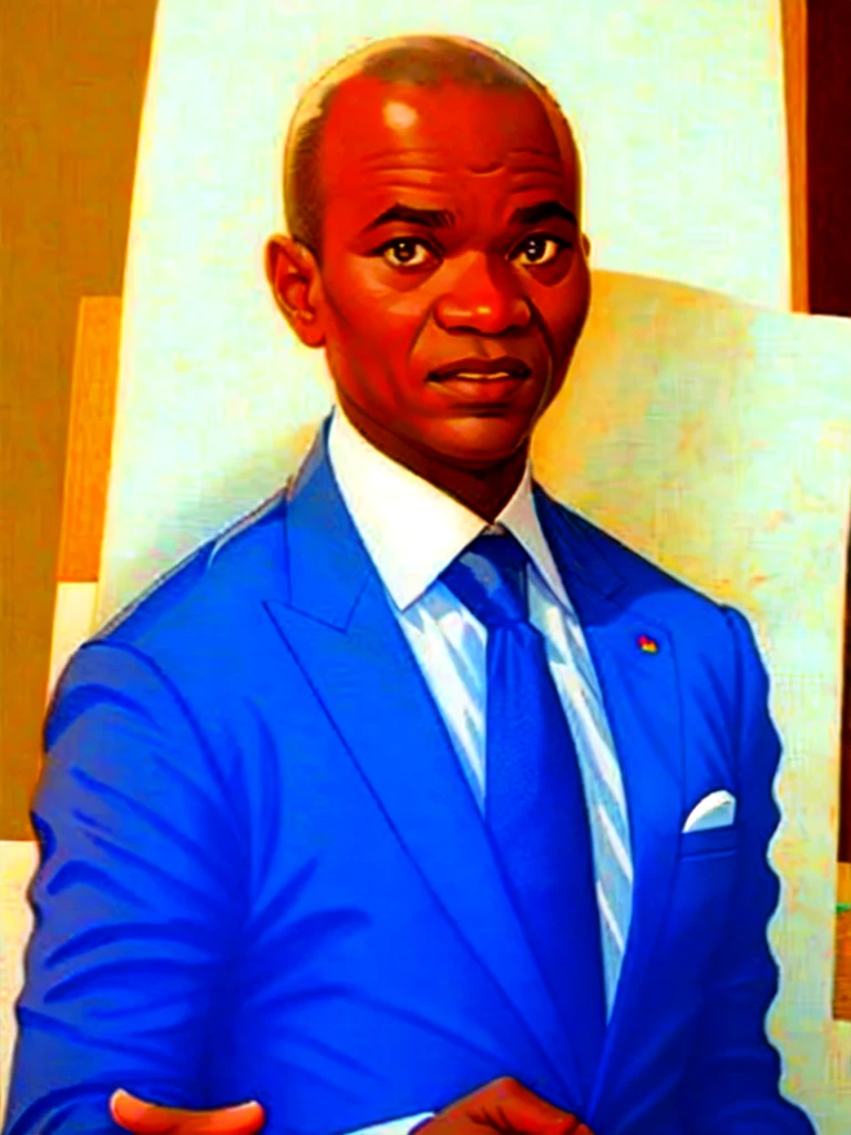 Detailed black and white and realistic portrait of African President oligui in black suit, shaved head with white background, style: Sketch, cartoon in pencil sketch, quick drawing without detailed details Pencil on a white sheet of paper, 8k
