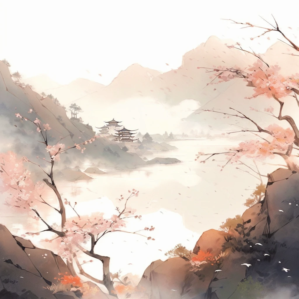 There is a landscape painting，A small tower in the background, Landscape Artwork, Chinese watercolor style, Anime Landscape, Anime Background art, Artistic style, Detailed scenery —width 672, Chinese, Anime beautiful peaceful scene, Landscape Art Detail, Beautiful art UHD 4K, Chinese scenery, Anime Landscape wallpaper, Anime Background, Fantasy Landscape Art，Oriental Aesthetics