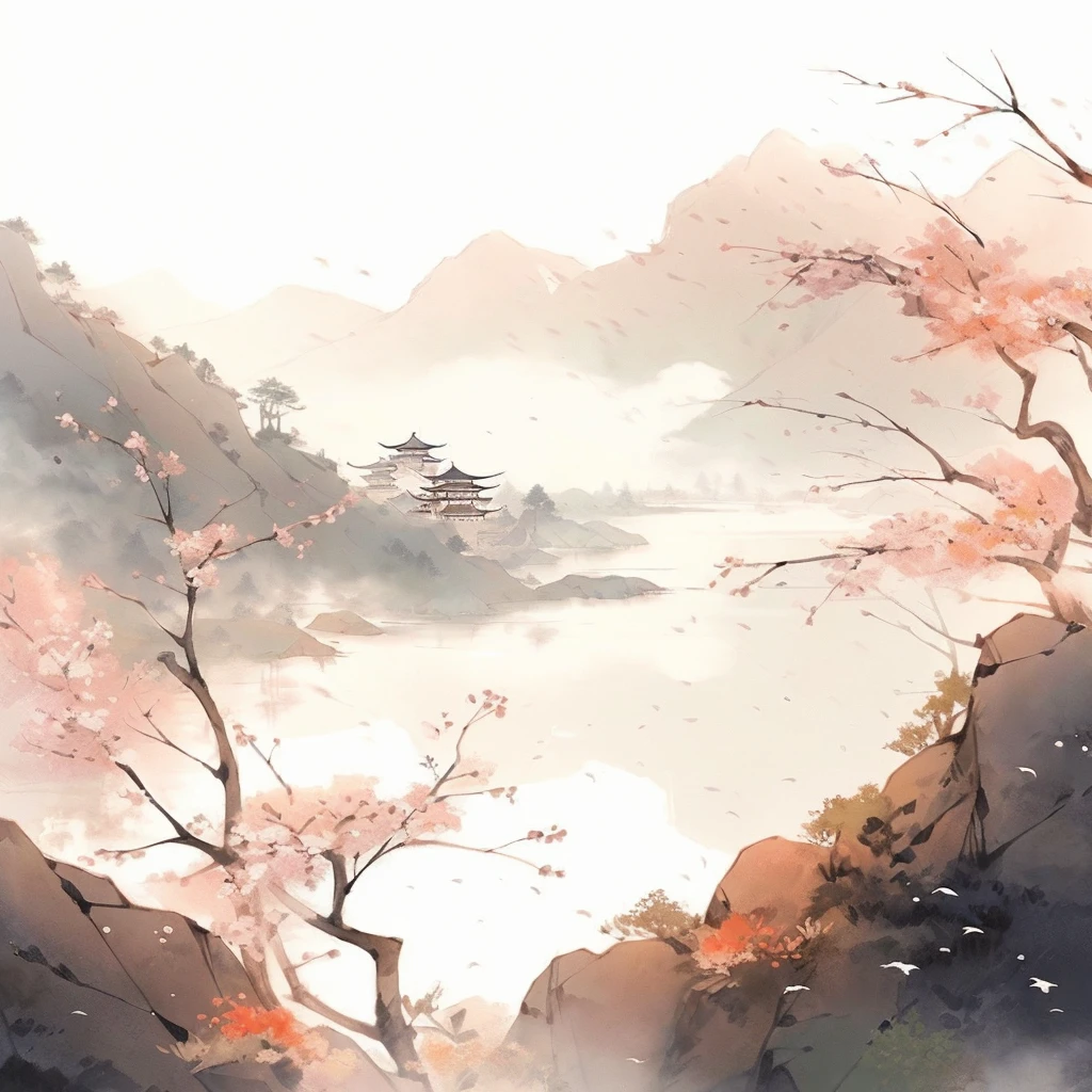 There is a landscape painting，A small tower in the background, Landscape Artwork, Chinese watercolor style, Anime Landscape, Anime Background art, Artistic style, Detailed scenery —width 672, Chinese, Anime beautiful peaceful scene, Landscape Art Detail, Beautiful art UHD 4K, Chinese scenery, Anime Landscape wallpaper, Anime Background, Fantasy Landscape Art，Oriental Aesthetics