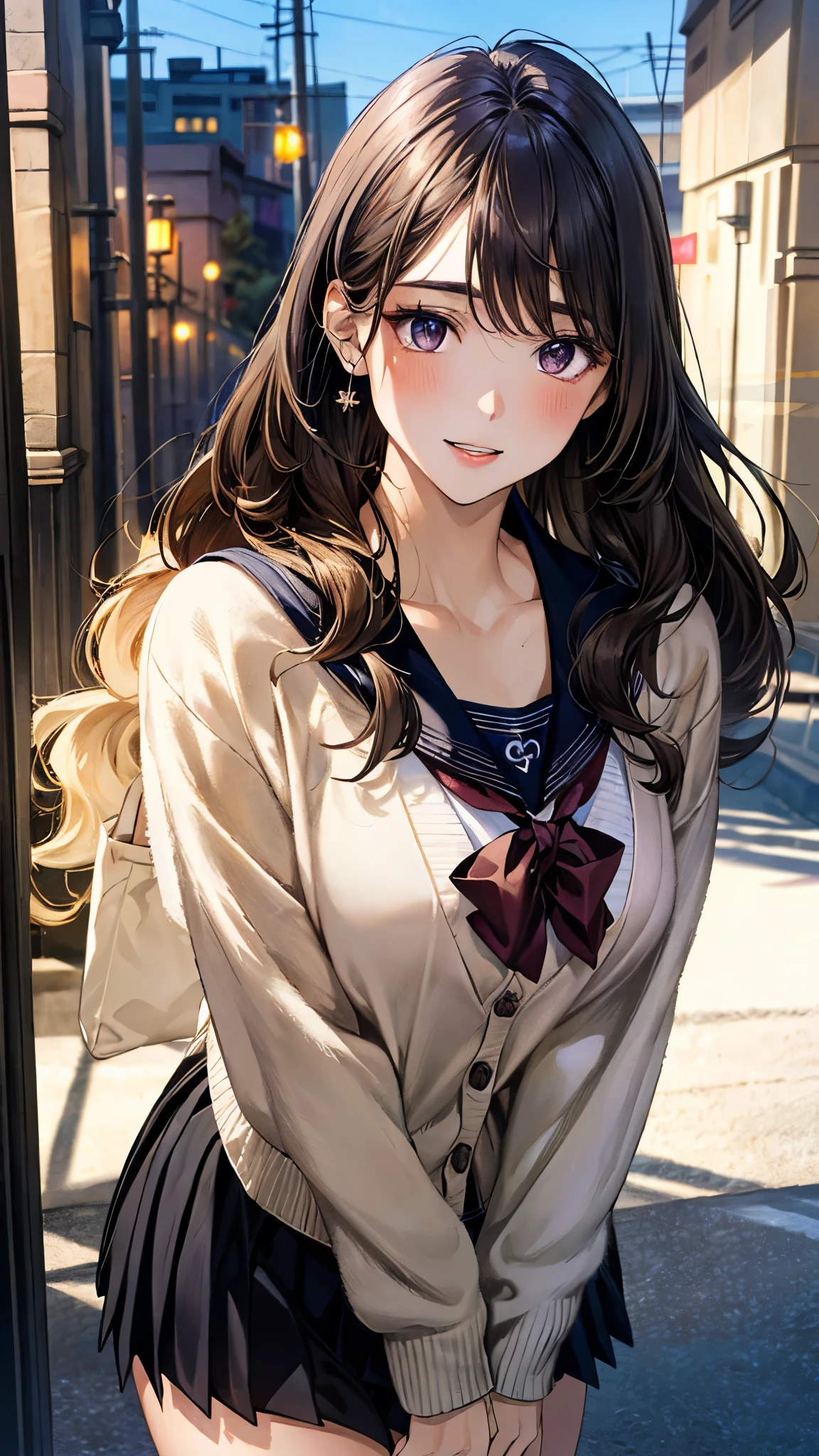 (masterpiece:1.3, top-quality, ultra high res, ultra detailed), (realistic, photorealistic:1.4), beautiful illustration, perfect lighting, natural lighting, colorful, depth of fields, ,
beautiful detailed hair, beautiful detailed face, beautiful detailed eyes, beautiful clavicle, beautiful body, beautiful chest, beautiful thigh, beautiful legs, beautiful fingers, shiny skin,
looking at viewer, 1 girl, high school girl, (perfect anatomy, anatomically correct, super detailed skin), cute and symmetrical face, babyface, perfect face, perfect eyes, ,
(long hair:1.5, half updo:1.2, sideburns:1.5, apricot hair), swept bangs, nlue eyes, big eyes, long eye lasher, (medium breasts, seductive thighs), skin dendation,
detailed cloth texture, break, break, ((light purple cardigan)), break, break, ((private school uniform:1.2, dark brown sailor collar, dark brown pleated skirt)), break, break, dark red bow tie, break, black big hair ribbon,
(beautiful scenery), summer, night, (cityscape:1.2), walking, (lovely smile, upper eyes, parted lips),
