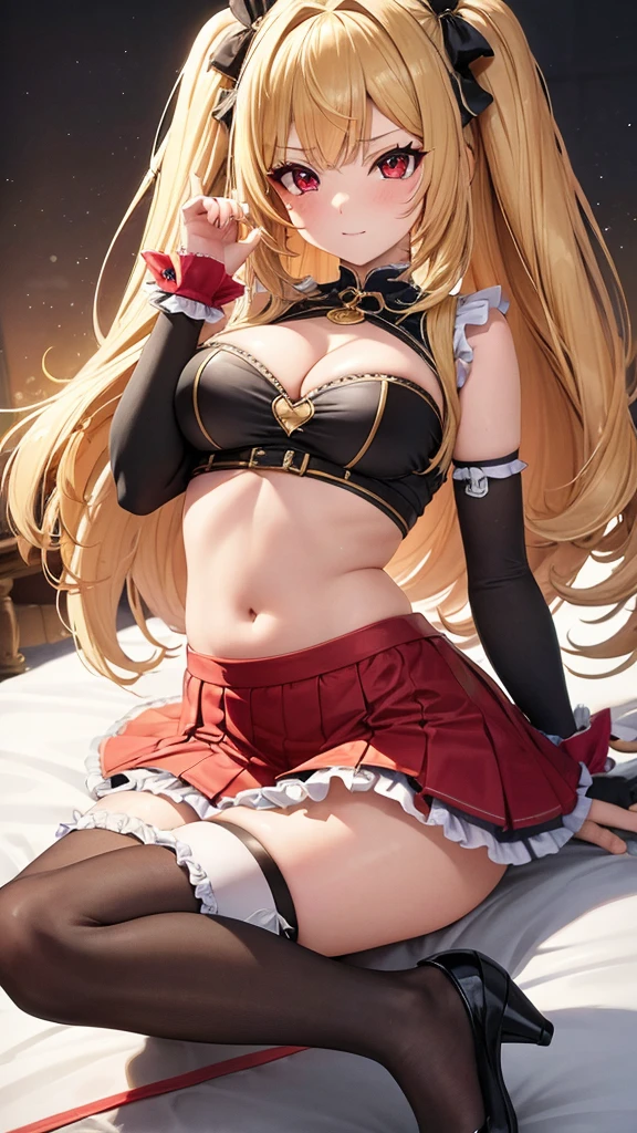 19 years old pop idol girl with a magcal girl theme, long blond hair, red eyes, her outfit consists of a belly free top tha shows just a glimbs of cleavage and a frilly skirt as well as heels and thigh high socks all in the same magical girl theme and collor sheme,(high quality, master piece, 4k)