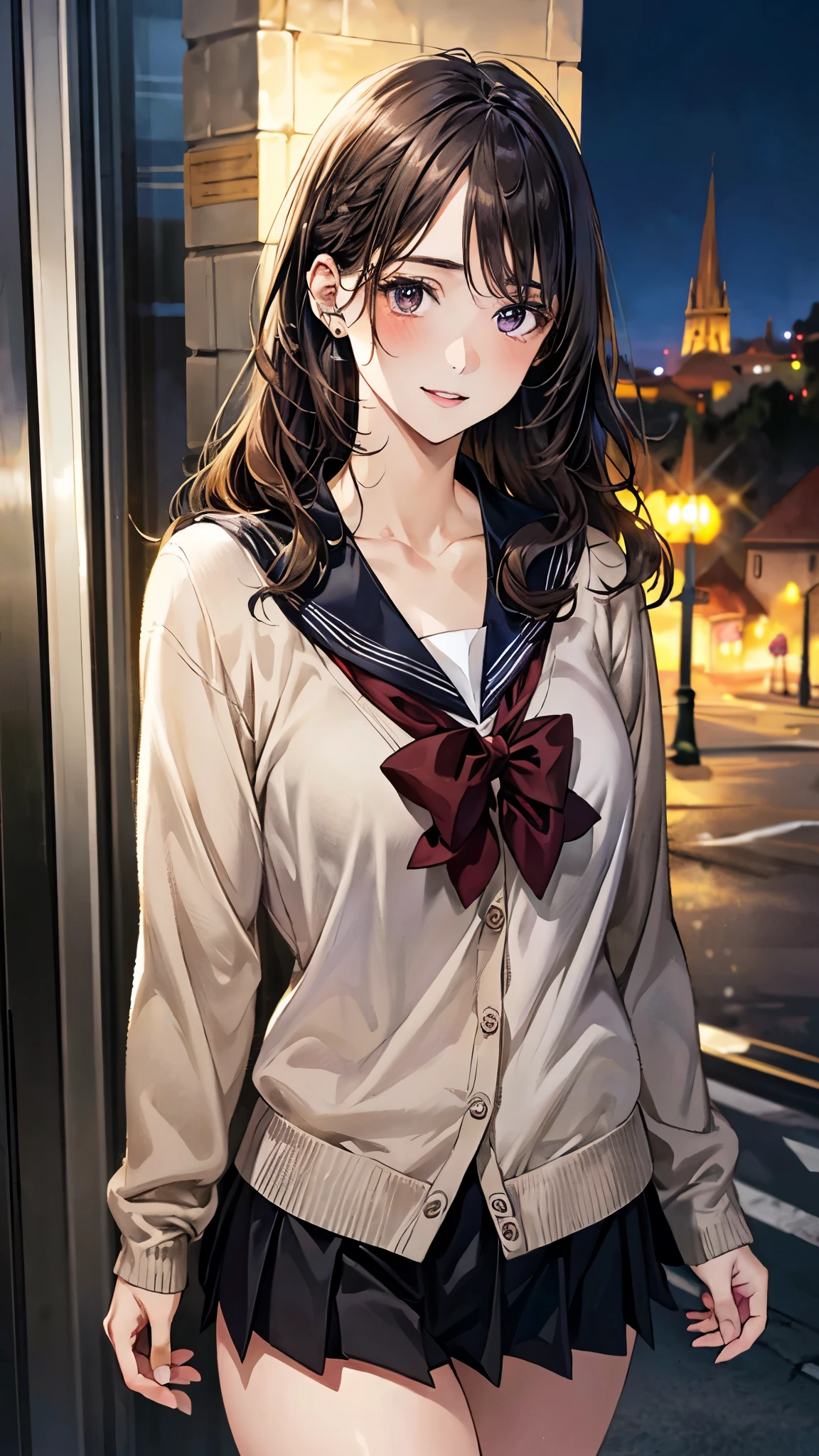 (masterpiece:1.3, top-quality, ultra high res, ultra detailed), (realistic, photorealistic:1.4), beautiful illustration, perfect lighting, natural lighting, colorful, depth of fields, ,
beautiful detailed hair, beautiful detailed face, beautiful detailed eyes, beautiful clavicle, beautiful body, beautiful chest, beautiful thigh, beautiful legs, beautiful fingers, shiny skin,
looking at viewer, 1 girl, high school girl, (perfect anatomy, anatomically correct, super detailed skin), cute and symmetrical face, babyface, perfect face, perfect eyes, ,
(long hair:1.5, half updo:1.2, sideburns:1.5, apricot hair), swept bangs, nlue eyes, big eyes, long eye lasher, (medium breasts, seductive thighs), skin dendation,
detailed cloth texture, break, break, ((light purple cardigan)), break, break, ((private school uniform:1.2, dark brown sailor collar, dark brown pleated skirt)), break, break, dark red bow tie, break, black big hair ribbon,
(beautiful scenery), summer, night, (cityscape:1.2), walking, (lovely smile, upper eyes, parted lips),