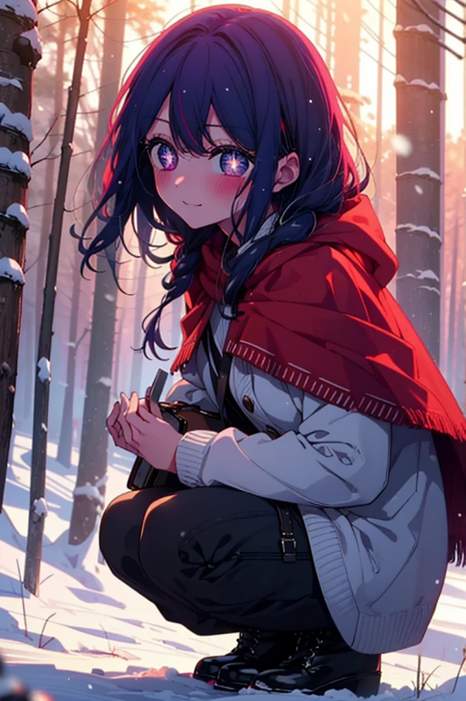 aihoshino, ai hoshino, Long Hair, bangs, (Purple eyes:1.1), Purple Hair, (Symbol-shaped pupil:1.5), smile,,smile,blush,White Breath,
Open your mouth,snow,Ground bonfire, Outdoor, boots, snowing, From the side, wood, suitcase, Cape, Blurred, , forest, White handbag, nature, Squat, Mouth closed, Cape, winter, Written boundary depth, Black shoes, red Cape break looking at viewer, Upper Body, whole body, break Outdoor, forest, nature, break (masterpiece:1.2), Highest quality, High resolution, unity 8k wallpaper, (shape:0.8), (Beautiful and beautiful eyes:1.6), Highly detailed face, Perfect lighting, Extremely detailed CG, (Perfect hands, Perfect Anatomy),