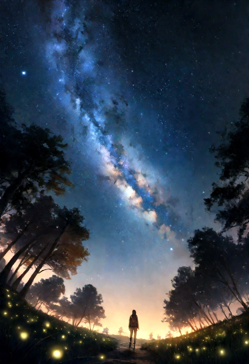 a young girl standing in a flower field, looking up at the vast sky, (best quality,4k,8k,highres,masterpiece:1.2),ultra-detailed,(realistic,photorealistic,photo-realistic:1.37),makoto shinkai style, wide landscape photography, (low angle view, showing the sky above and the open space below), (falling stars:0.9), (starry clouds:1.3), faraway mountains, Tree Break Production art, (daytime stars:1.2), (fireflies:1.2), starry night sky