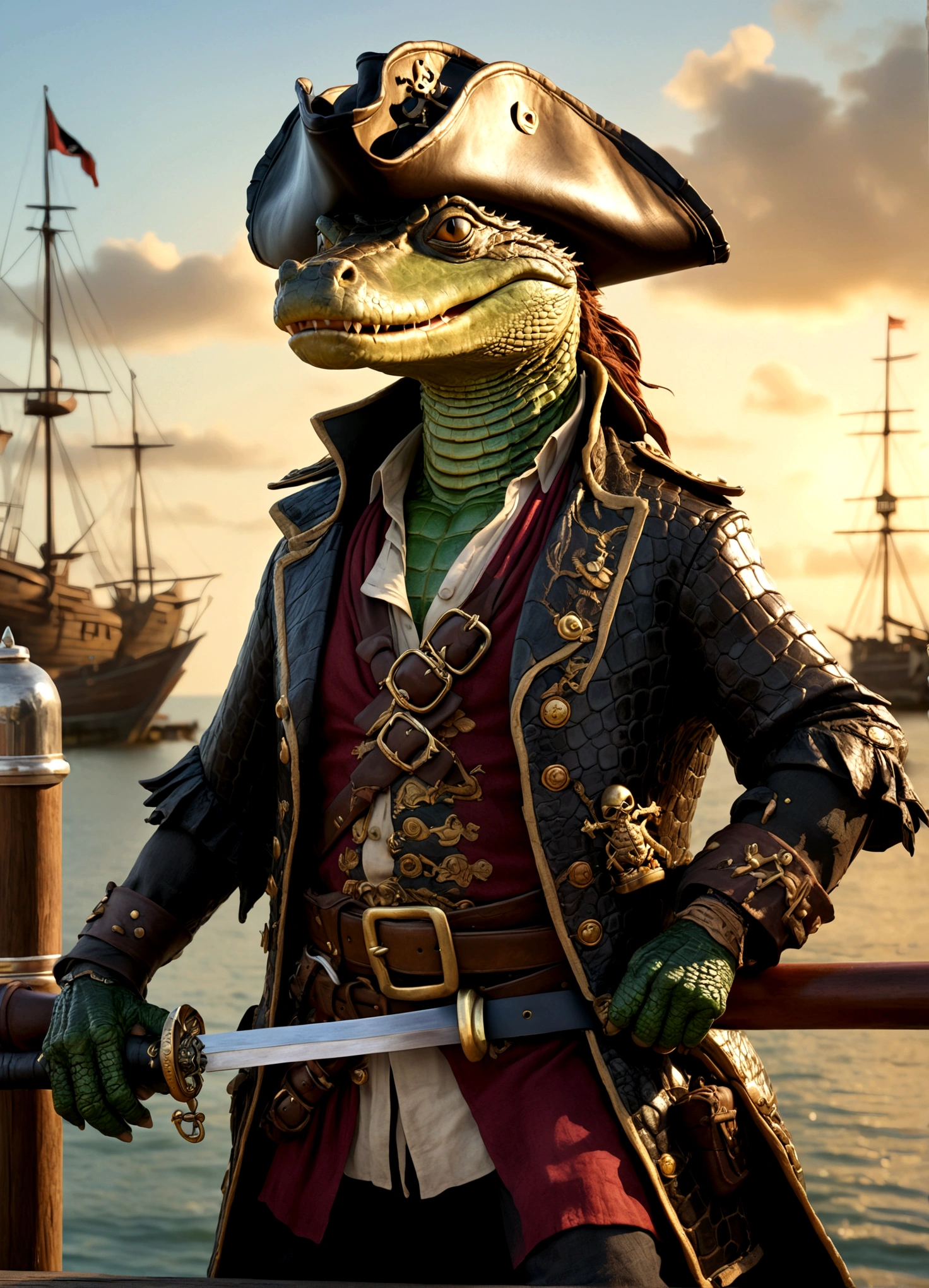 alligator pirate, pirate hat, pirate jacket, belt with sword, eyepatch, one foot on barrel of rum, poses on pier, detailed reptilian features, detailed pirate costume, dramatic lighting, cinematic composition, highly detailed, photorealistic, award winning, 8k, hyper realistic
