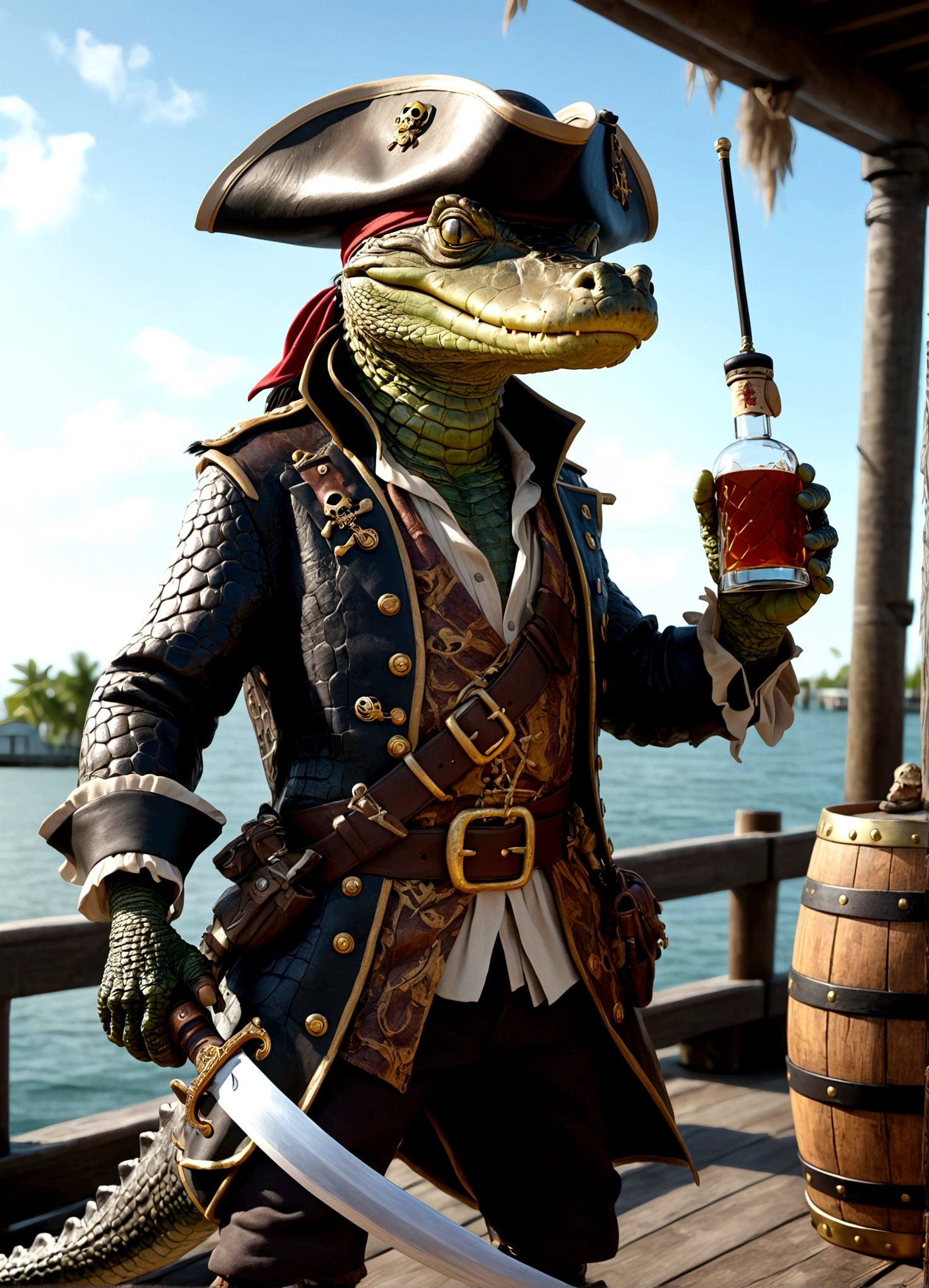 alligator pirate, pirate hat, pirate jacket, belt with sword, eyepatch, one foot on barrel of rum, poses on pier, detailed reptilian features, detailed pirate costume, dramatic lighting, cinematic composition, highly detailed, photorealistic, award winning, 8k, hyper realistic