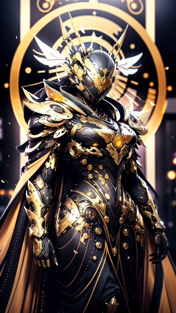 A woman adorned in fantasy-style full-body armor, a crown-concept fully enclosed helmet that unveils only her eyes, a composite layered chest plate, fully encompassing shoulder and hand guards, a lightweight waist armor, form-fitting shin guards, the overall design is heavy-duty yet flexible, (the armor gleams with a golden glow, complemented by red and blue accents), exhibiting a noble aura, she floats above a fantasy-surreal high-tech city, this character embodies a finely crafted fantasy-surreal style armored hero in anime style, exquisite and mature manga art style, (mixture of Queen bee and Spider concept Armor, plasma), ((Element, elegant, goddess, femminine:1.5)), metallic, high definition, best quality, highres, ultra-detailed, ultra-fine painting, extremely delicate, professional, anatomically correct, symmetrical face, extremely detailed eyes and face, high quality eyes, creativity, RAW photo, UHD, 32k, Natural light, cinematic lighting, masterpiece-anatomy-perfect, masterpiece:1.5