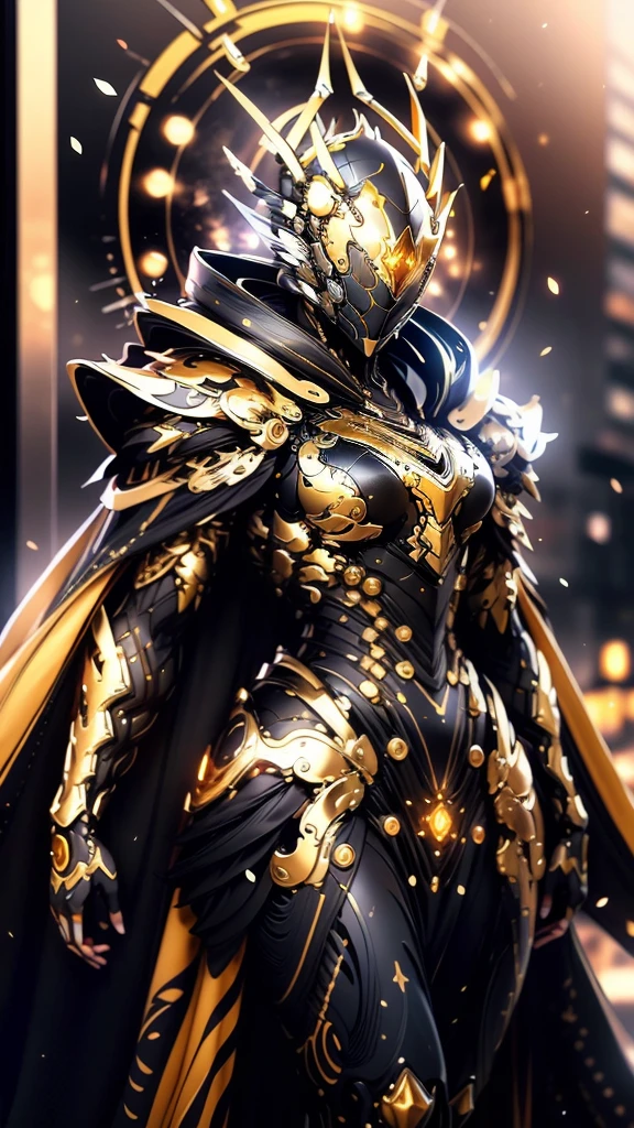 A woman adorned in fantasy-style full-body armor, a crown-concept fully enclosed helmet that unveils only her eyes, a composite layered chest plate, fully encompassing shoulder and hand guards, a lightweight waist armor, form-fitting shin guards, the overall design is heavy-duty yet flexible, (the armor gleams with a golden glow, complemented by red and blue accents), exhibiting a noble aura, she floats above a fantasy-surreal high-tech city, this character embodies a finely crafted fantasy-surreal style armored hero in anime style, exquisite and mature manga art style, (mixture of Queen bee and Spider concept Armor, plasma), ((Element, elegant, goddess, femminine:1.5)), metallic, high definition, best quality, highres, ultra-detailed, ultra-fine painting, extremely delicate, professional, anatomically correct, symmetrical face, extremely detailed eyes and face, high quality eyes, creativity, RAW photo, UHD, 32k, Natural light, cinematic lighting, masterpiece-anatomy-perfect, masterpiece:1.5