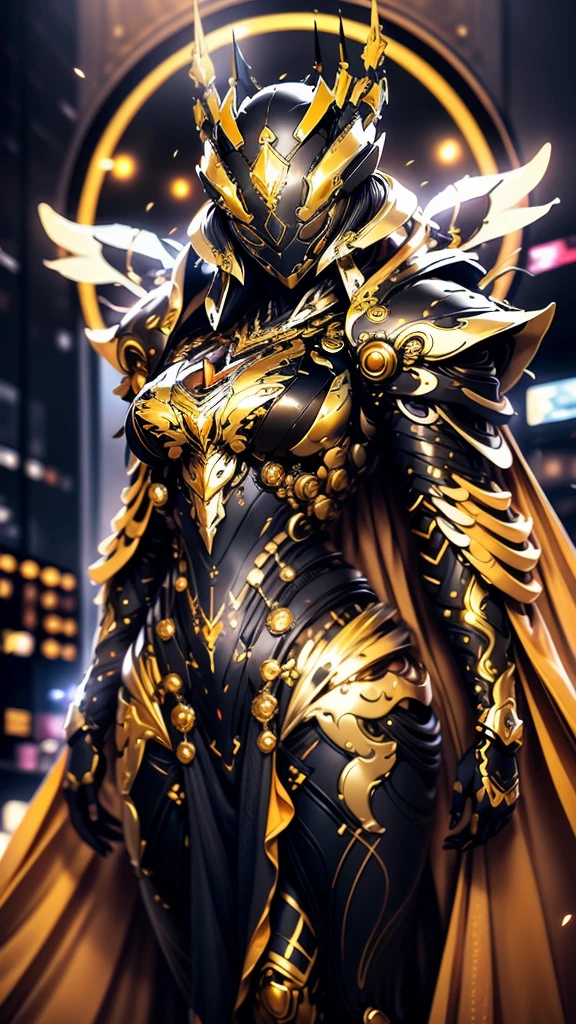 A woman adorned in fantasy-style full-body armor, a crown-concept fully enclosed helmet that unveils only her eyes, a composite layered chest plate, fully encompassing shoulder and hand guards, a lightweight waist armor, form-fitting shin guards, the overall design is heavy-duty yet flexible, (the armor gleams with a golden glow, complemented by red and blue accents), exhibiting a noble aura, she floats above a fantasy-surreal high-tech city, this character embodies a finely crafted fantasy-surreal style armored hero in anime style, exquisite and mature manga art style, (mixture of Queen bee and Spider concept Armor, plasma), ((Element, elegant, goddess, femminine:1.5)), metallic, high definition, best quality, highres, ultra-detailed, ultra-fine painting, extremely delicate, professional, anatomically correct, symmetrical face, extremely detailed eyes and face, high quality eyes, creativity, RAW photo, UHD, 32k, Natural light, cinematic lighting, masterpiece-anatomy-perfect, masterpiece:1.5