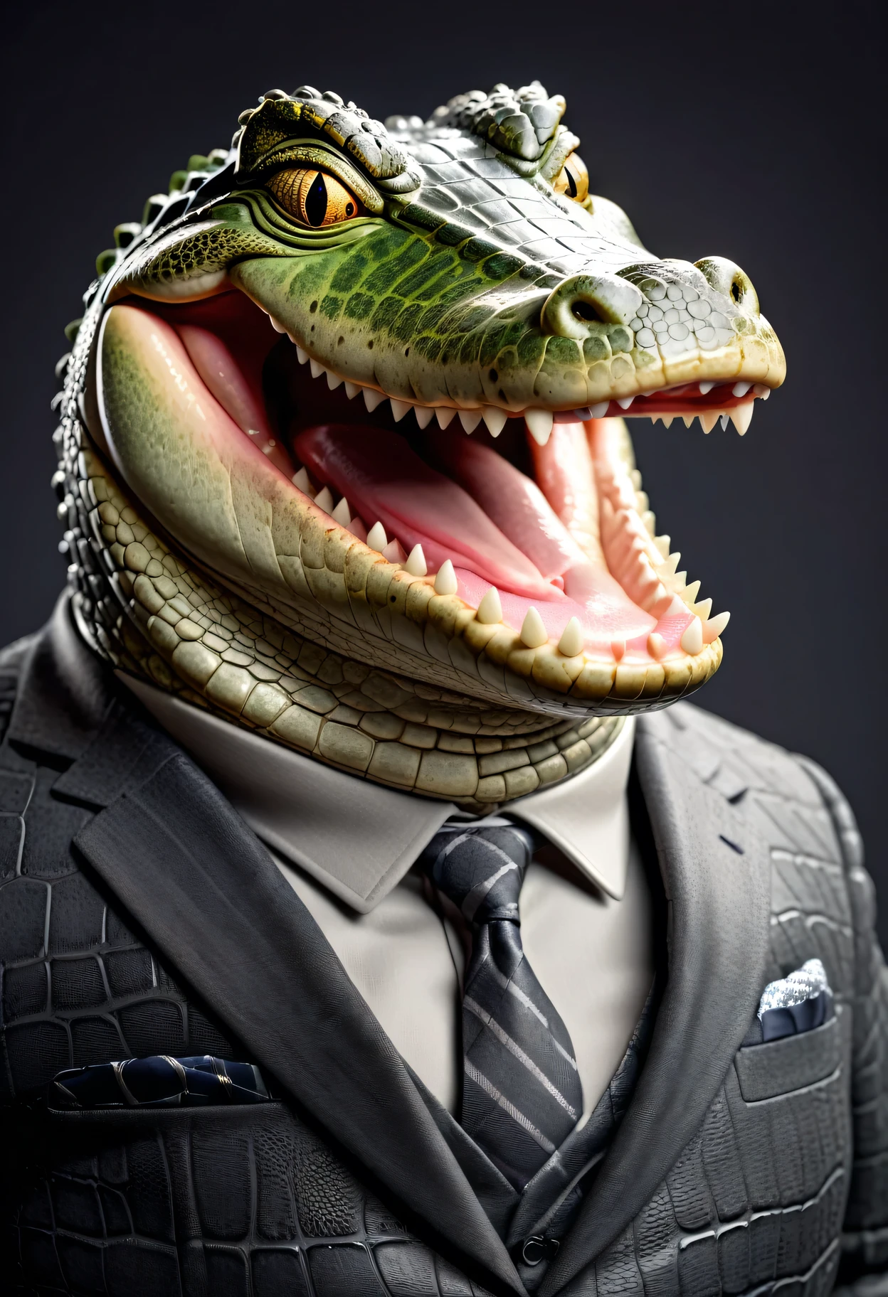 face close up photo of anthropomorphic fat crocodile,(teeth), (), dressed in a dark gray suit, (sticking out tongue:1.5),(happy smile:1.5),(playful:1.2), soft lighting, Cinematic, hdr, primitive, Intricate, High quality, smoothing tones, Intricate details, Low contrast,(viewed from side:2.0), (looking at viewer:1.5), simple background