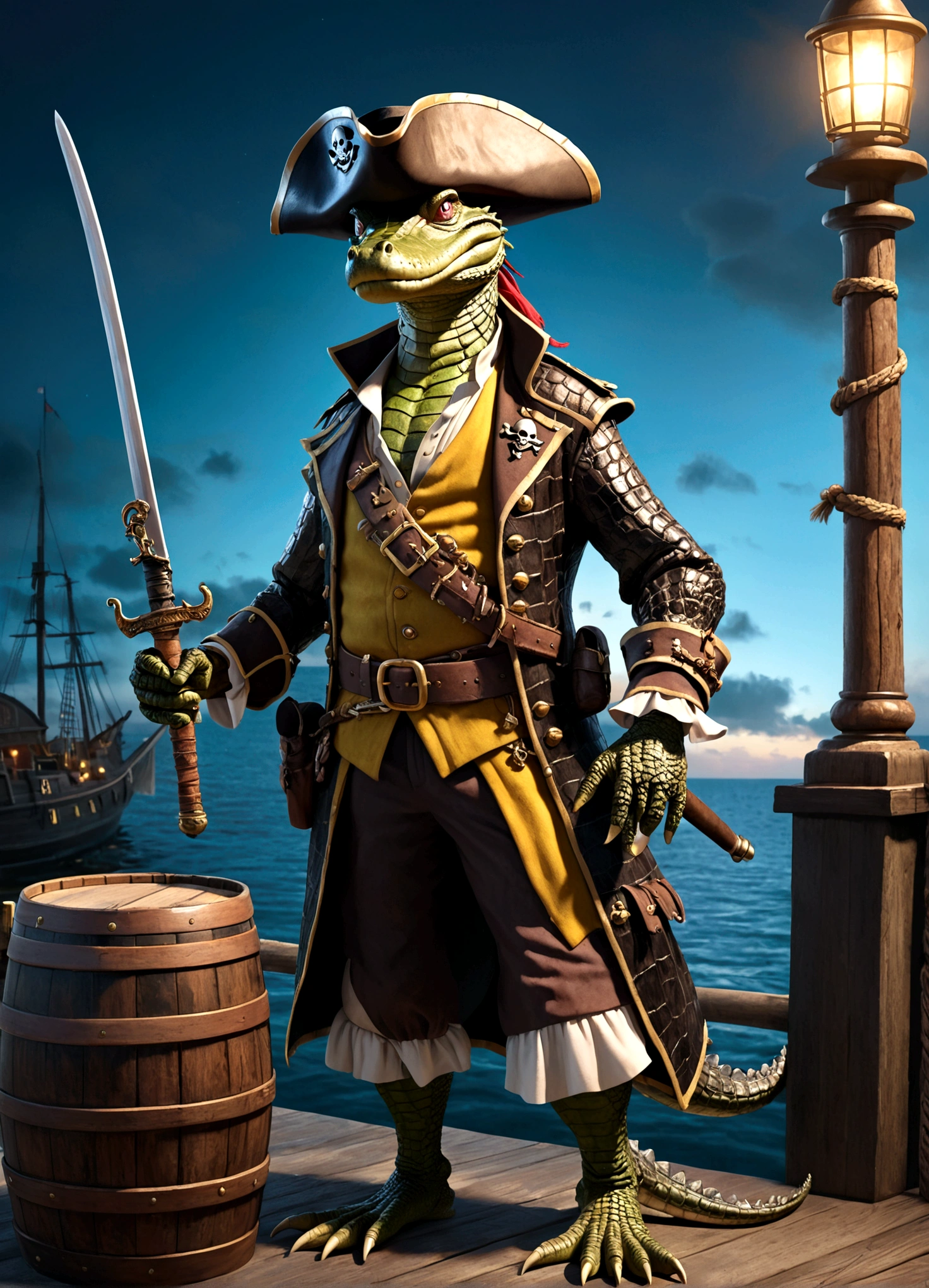 alligator pirate, pirate hat, pirate jacket, belt with sword, eyepatch, one foot on barrel of rum, poses on pier, detailed reptilian features, detailed pirate costume, dramatic lighting, cinematic composition, highly detailed, photorealistic, award winning, 8k, hyper realistic