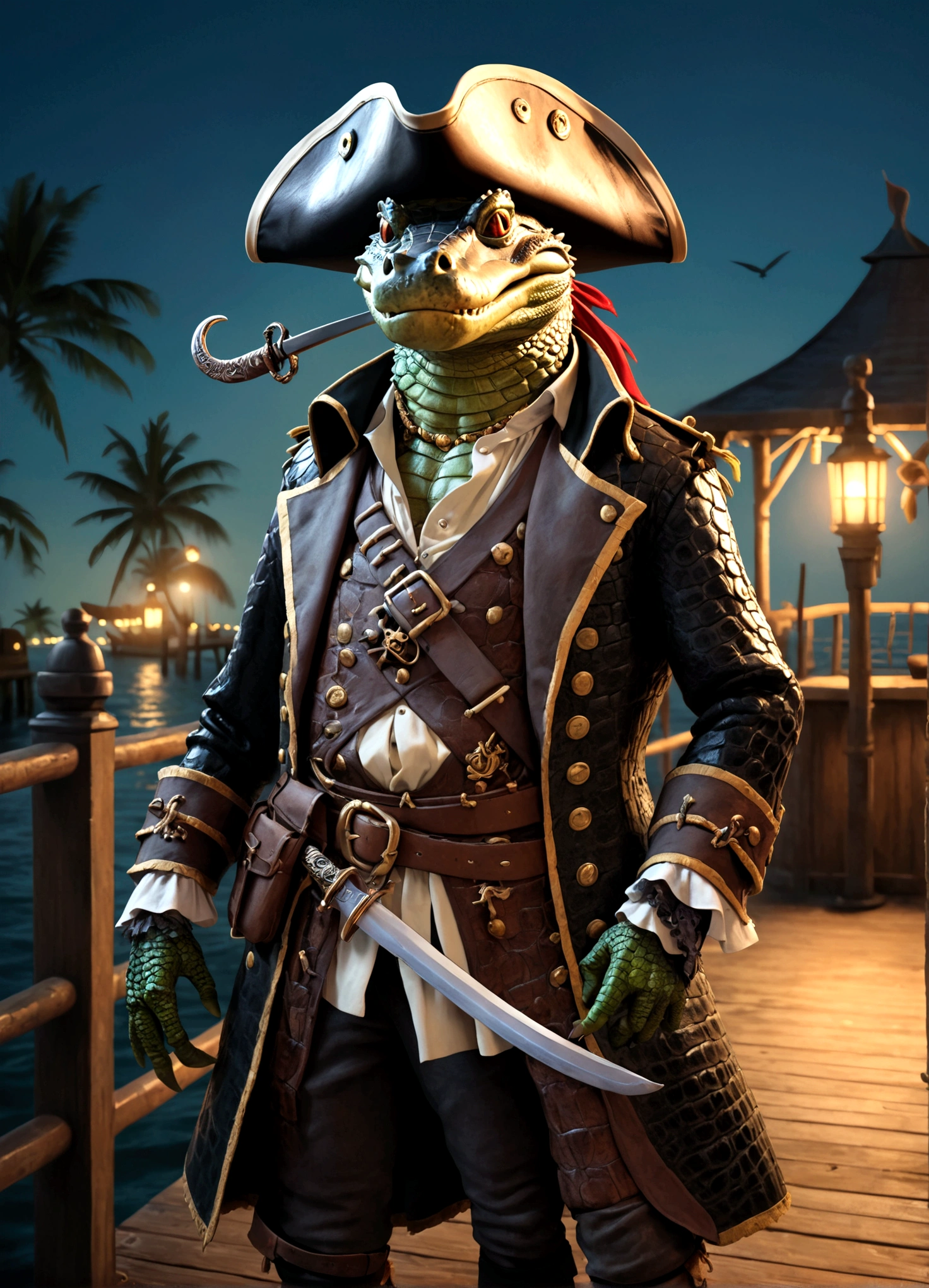 alligator pirate, pirate hat, pirate jacket, belt with sword, eyepatch, one foot on barrel of rum, poses on pier, detailed reptilian features, detailed pirate costume, dramatic lighting, cinematic composition, highly detailed, photorealistic, award winning, 8k, hyper realistic