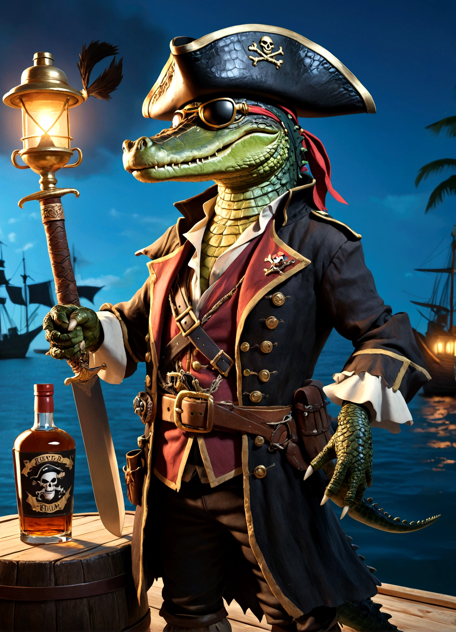 alligator pirate, pirate hat, pirate jacket, belt with sword, eyepatch, one foot on barrel of rum, poses on pier, detailed reptilian features, detailed pirate costume, dramatic lighting, cinematic composition, highly detailed, photorealistic, award winning, 8k, hyper realistic
