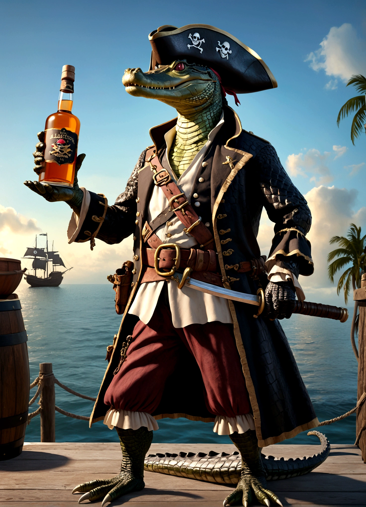 alligator pirate, pirate hat, pirate jacket, belt with sword, eyepatch, one foot on barrel of rum, poses on pier, detailed reptilian features, detailed pirate costume, dramatic lighting, cinematic composition, highly detailed, photorealistic, award winning, 8k, hyper realistic
