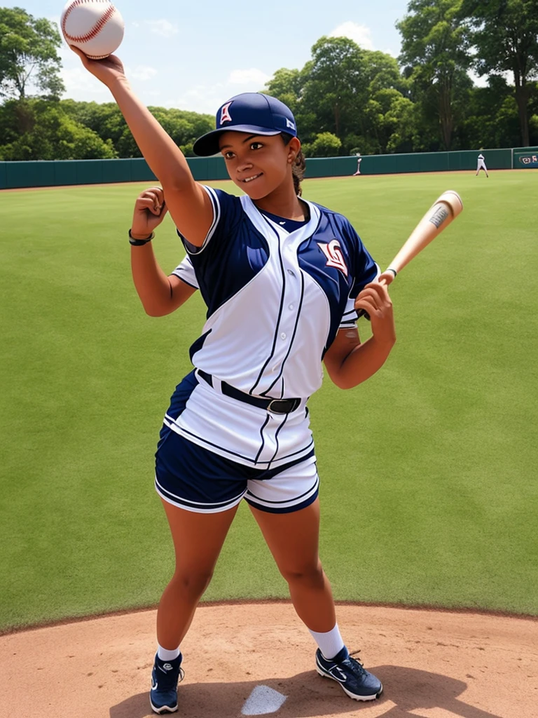 a young woman, wearing a baseball uniform, hit the ball just right, sweating, wearing shorts