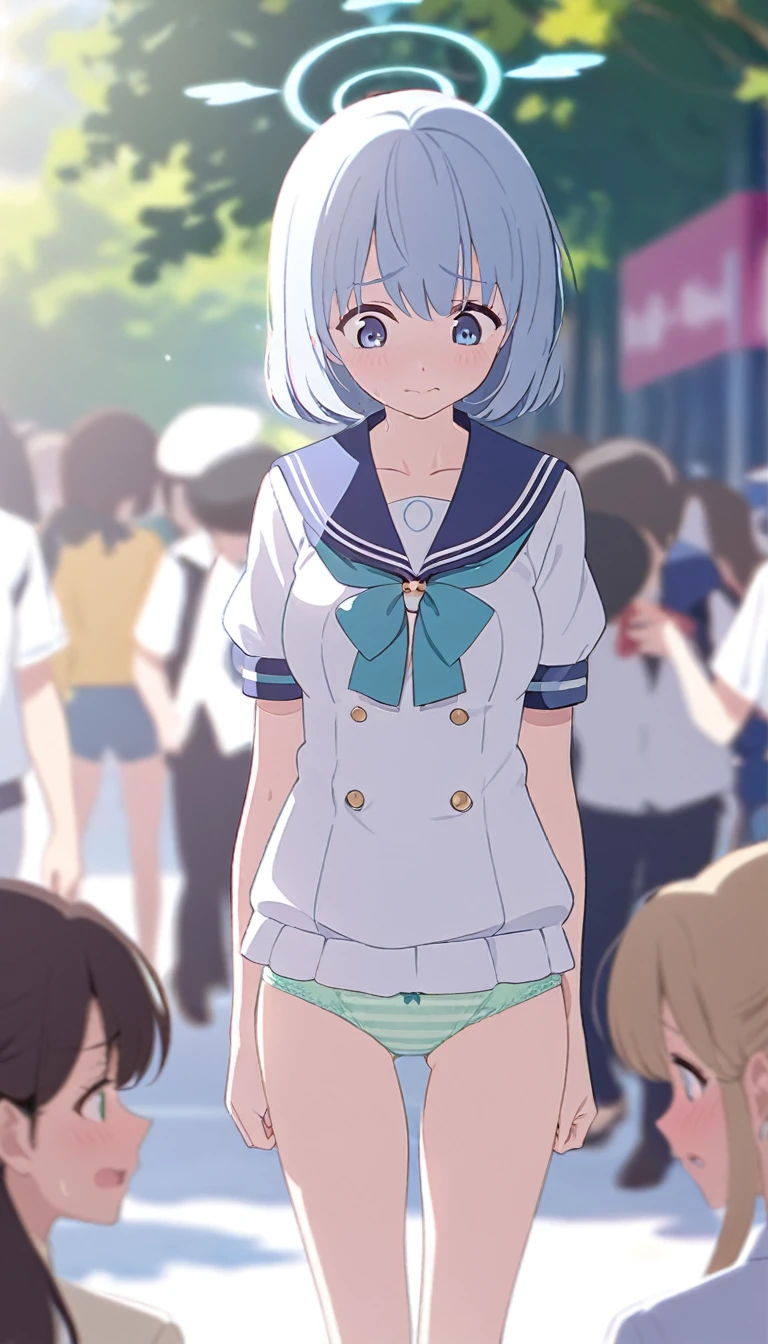 One girl、walking in the crowd、Light blue hair、blue eyes、Standard bust size、Feeling embarrassed、Looking down、A little big chest、Wearing a short-sleeved sailor suit、Wearing green panties、Daytime view