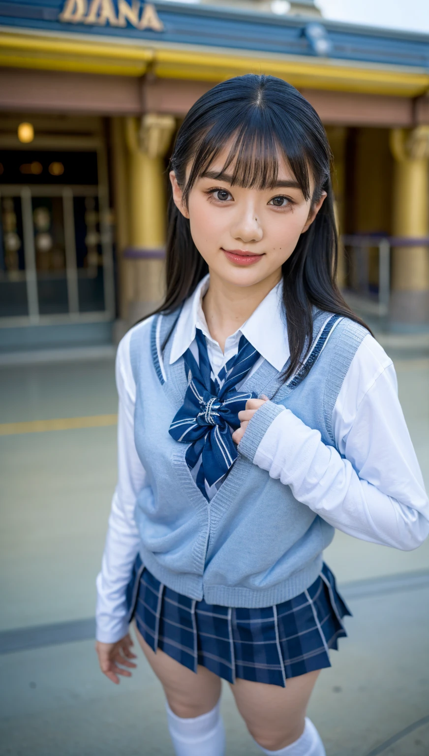 (photorealistic:1.4), (fullbody shot), (short stature),best quality, masterpiece, raw 32k photo, (extremely detailed japanese beautiful girl), (extremely detailed eyes:1.2),(baby face), (cute face:1.2), ultra-detailed, ultra high res, amazing, BREAK,standing,
(school uniform:1.5),detailed school girl, (disneyland:1.4), beautiful detailed girl, bangs, cute face, miniskirt,(baggysocks)