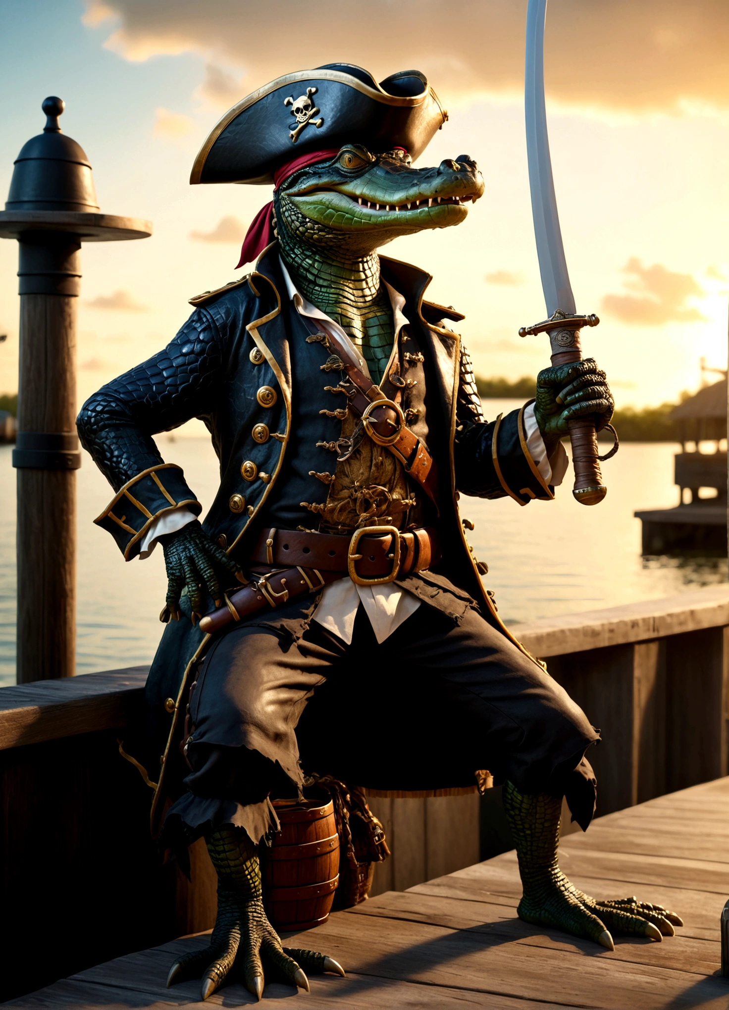 alligator pirate, pirate hat, pirate jacket, belt with sword, eyepatch, one foot on barrel of rum, poses on pier, detailed reptilian features, detailed pirate costume, dramatic lighting, cinematic composition, highly detailed, photorealistic, award winning, 8k, hyper realistic
