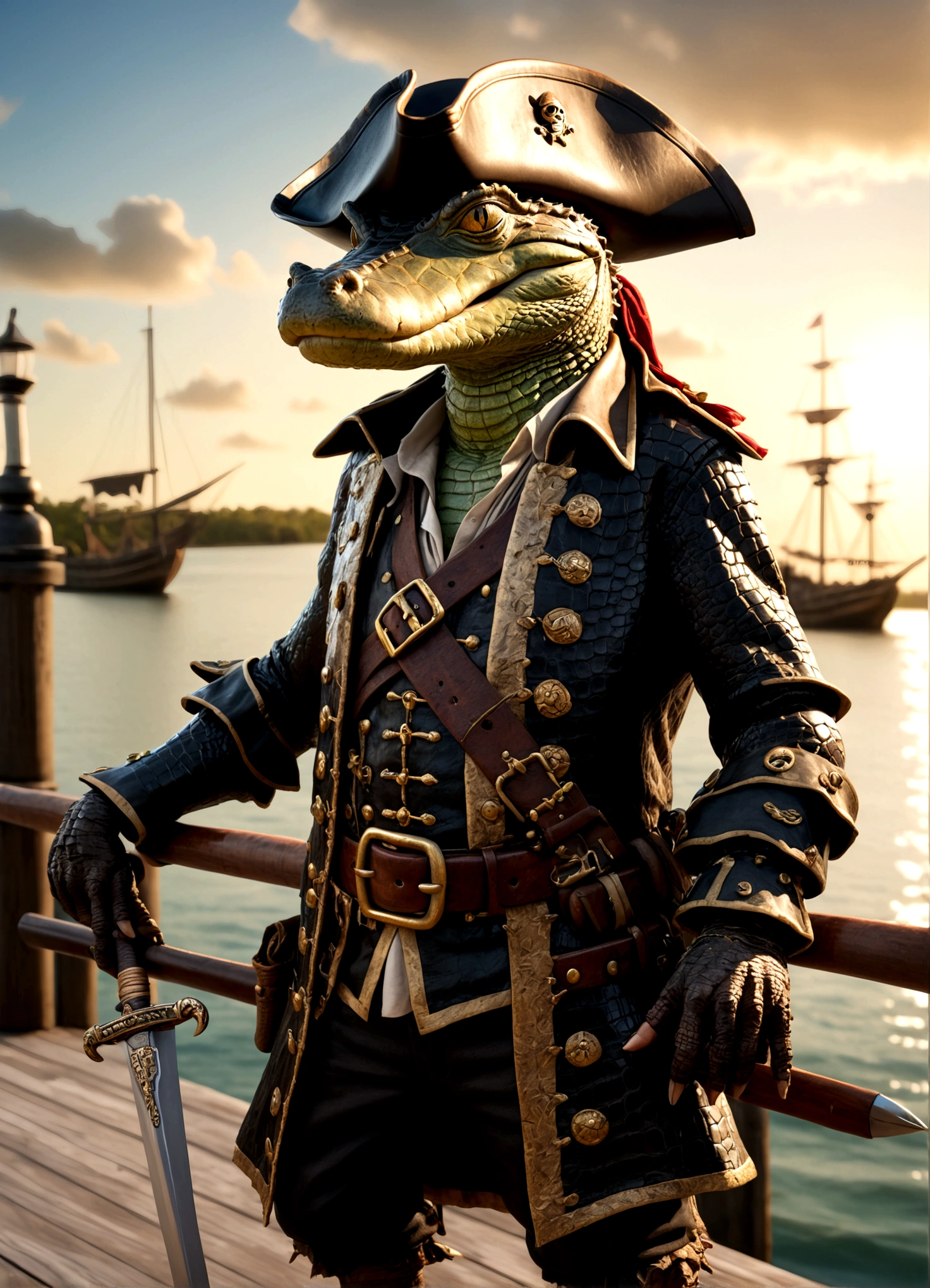 alligator pirate, pirate hat, pirate jacket, belt with sword, eyepatch, one foot on barrel of rum, poses on pier, detailed reptilian features, detailed pirate costume, dramatic lighting, cinematic composition, highly detailed, photorealistic, award winning, 8k, hyper realistic