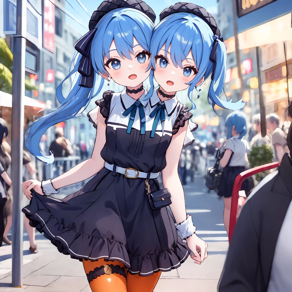 (masterpiece, best quality), best resolution, 16k, BREAK, close-up, BREAK, (2heads:1.5), (cheek-to-cheek), 1girl, solo, BREAK, HoshimachiSuisei, side ponytail, blue hair ribbon, SuiseiStreet, long hair, half updo, black beret, black dress, collared dress, sleeveless, bow earrings, lace choker, neck ribbon, black belt, orange pantyhose, o-ring thigh strap, single garter strap, BREAK, ((hand holding a wallet)), walking, BREAK, ((eyes up looking sideways:1.3)), BREAK, surprised, frustrating, open mouth, BREAK, city, Shopping Street, street vendor, BREAK, morning