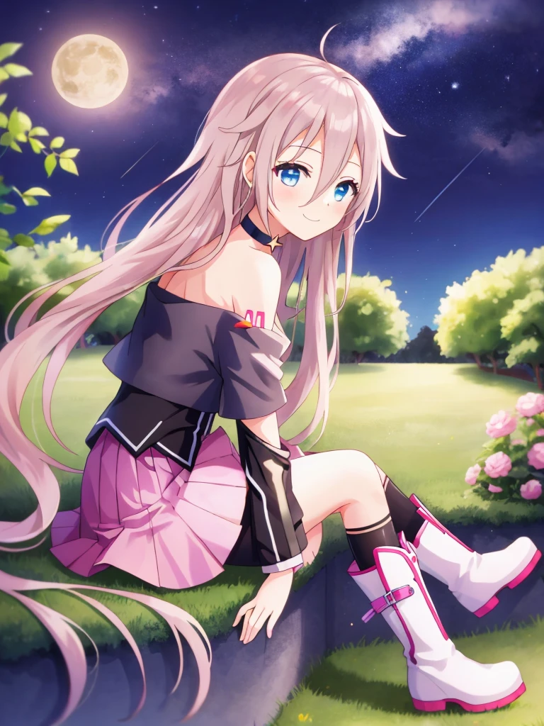 one girl, IA, vocaloid, skirt, black shirt, off shoulder, choker, beauty, girl from other planet, happy, mysterious girl, face focus, boots, sitting on garden, full body, hold knee, from side, look at sky, night sky