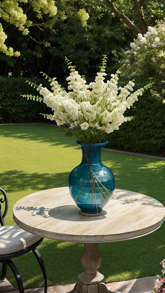 a vase placed on a table in a garden with all the flowers around the table and a tree far away 