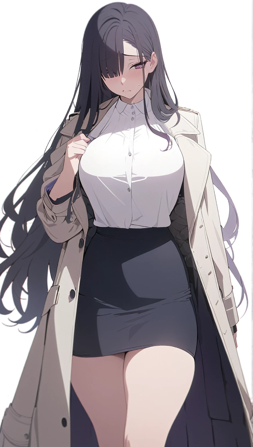 (masterpiece, high quality, best quality, highres,) One Woman, young, tall, Well-built, Thick thighs, Black Hair, Long Hair, Purple Eyes, One eye is hidden by bangs, Anxious expression, White blouse, Black Pencil Skirt, coat, White background