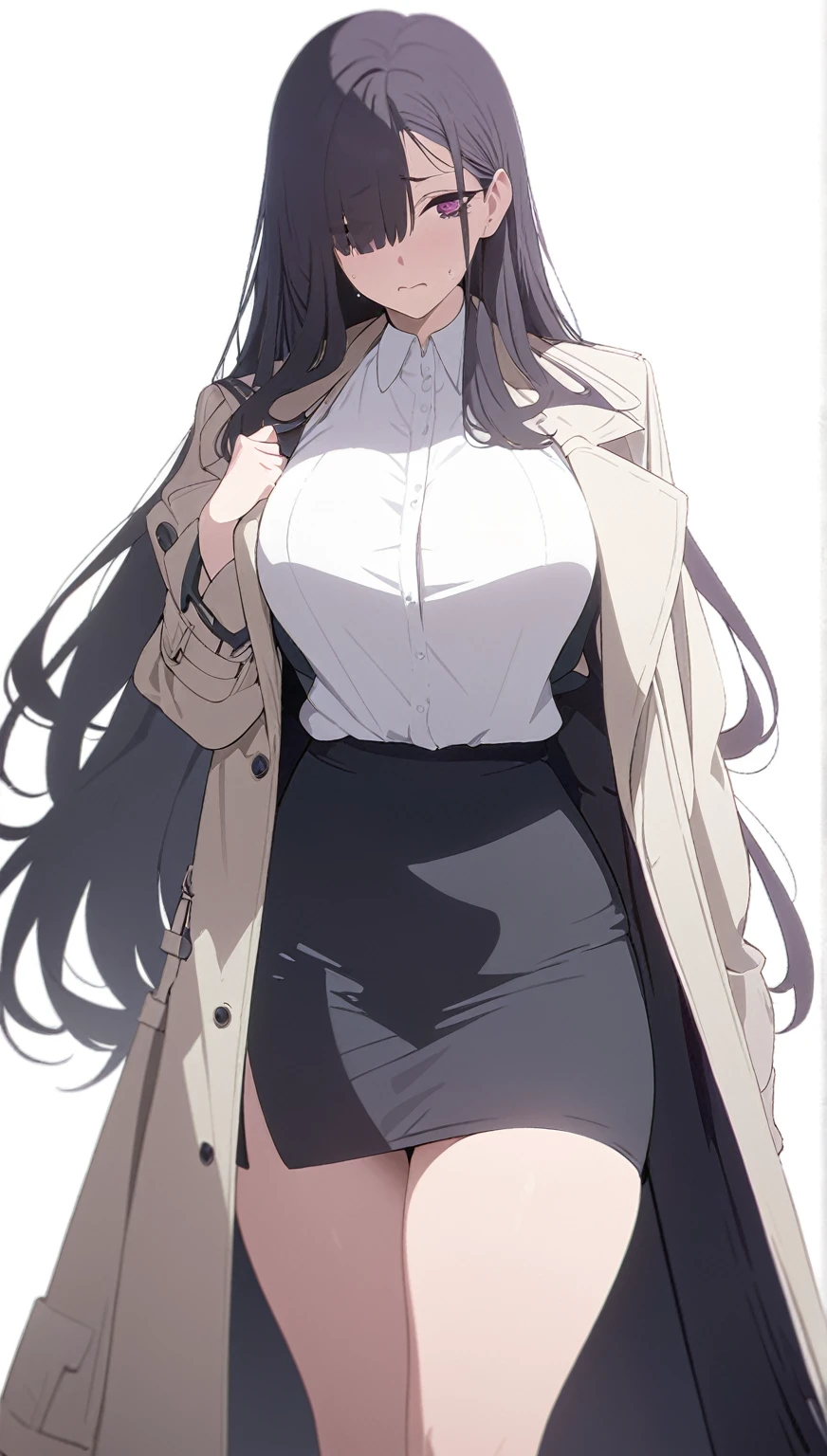 (masterpiece, high quality, best quality, highres,) One Woman, young, tall, Well-built, Thick thighs, Black Hair, Long Hair, Purple Eyes, One eye is hidden by bangs, Anxious expression, White blouse, Black Pencil Skirt, coat, White background